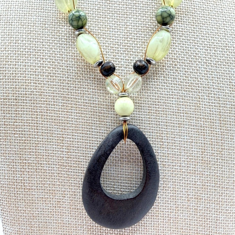 Vintage 90s Handcrafted Mixed Media Statement Necklace Wood & Serpentine Jewelry